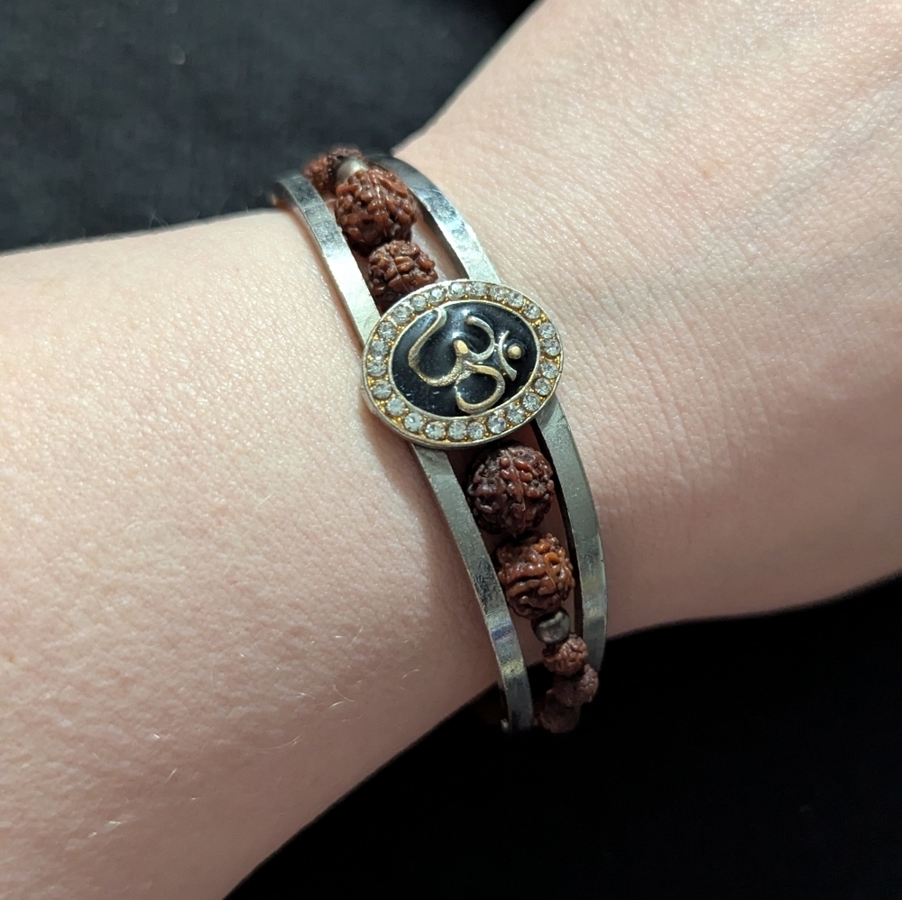 Silver Tone and Brown Om Rudraksha Cuff Bangle Statement Bracelet